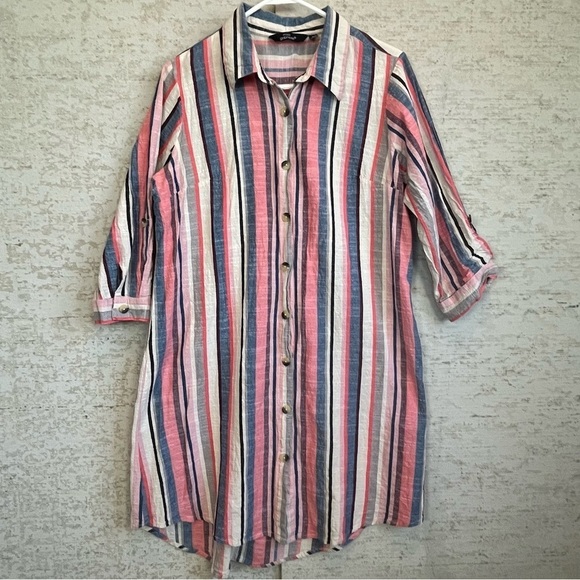 Mlle Gabrielle Vertical Striped Shirt Dress Sz XL Button Up Spring Easter Colors - Picture 1 of 15
